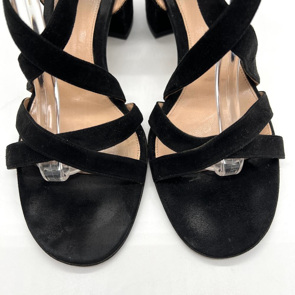 GIANVITO ROSSI Strappy Sandal Womens 40 Black Suede Mid Block Heeled Criss Cross - Picture 7 of 11